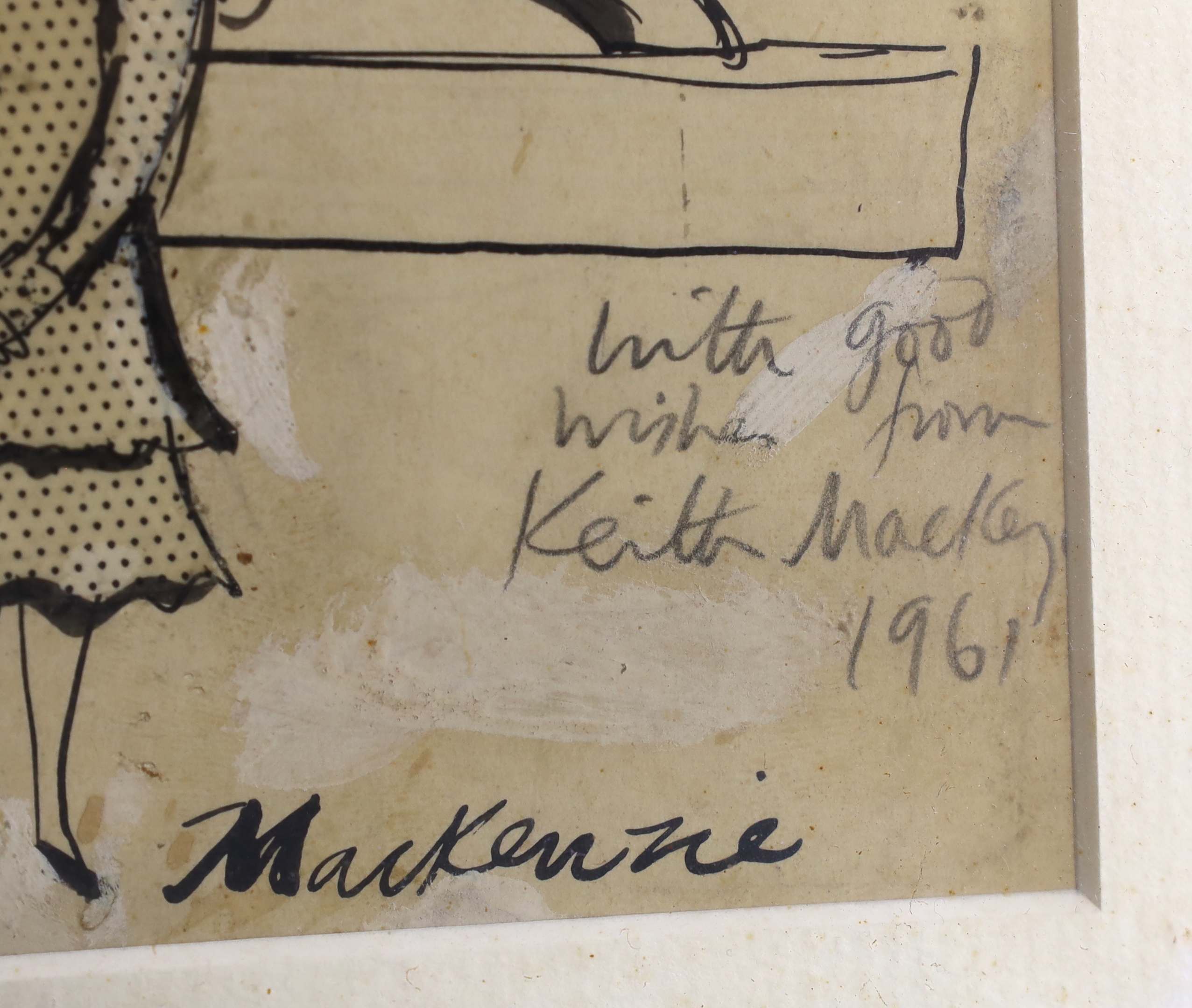 Keith Mackenzie, heightened monochrome illustration, 'Four figures', signed and inscribed 'With good wishes from Keith Mackenzie 1961', 25 x 22cm